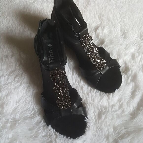 Patrizia by Spring Step Poppy Sandals Black Zip Heel Wedge Shoes Sz 36 US Sz 6 - Picture 2 of 12